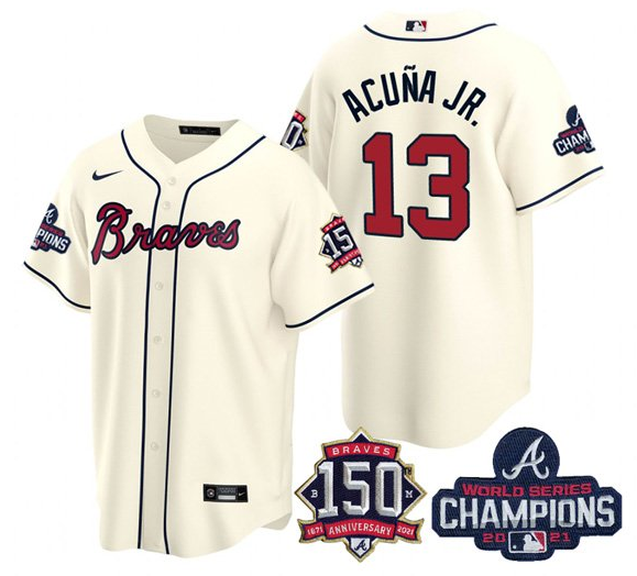 Men's Atlanta Braves #13 Ronald Acuña Jr. 2021 Cream World Series Champions With 150th Anniversary Patch Cool Base Stitched Jersey